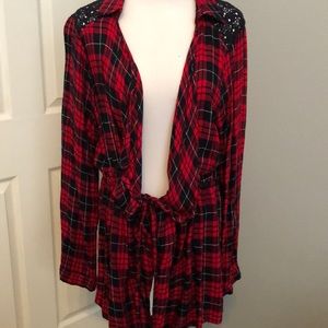 Plaid and lace cardigan